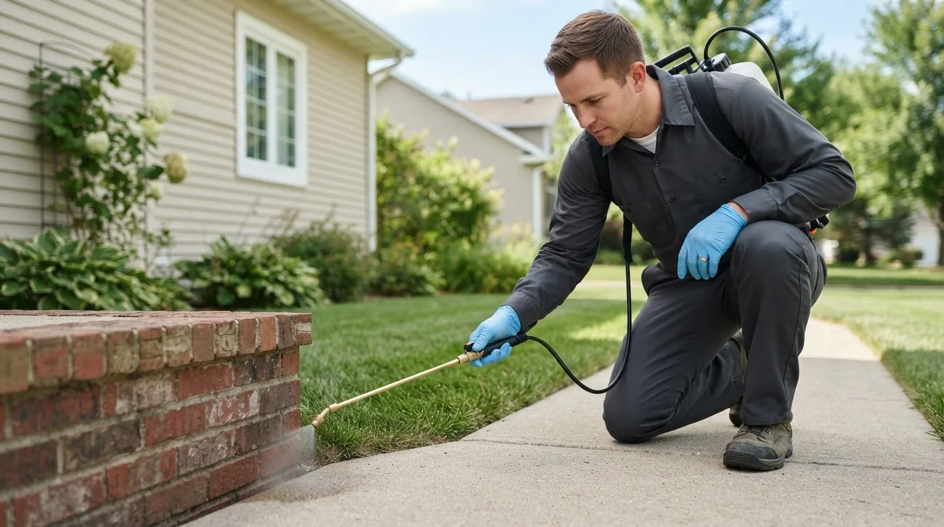 Pest control technician treating a home near Selden, KS